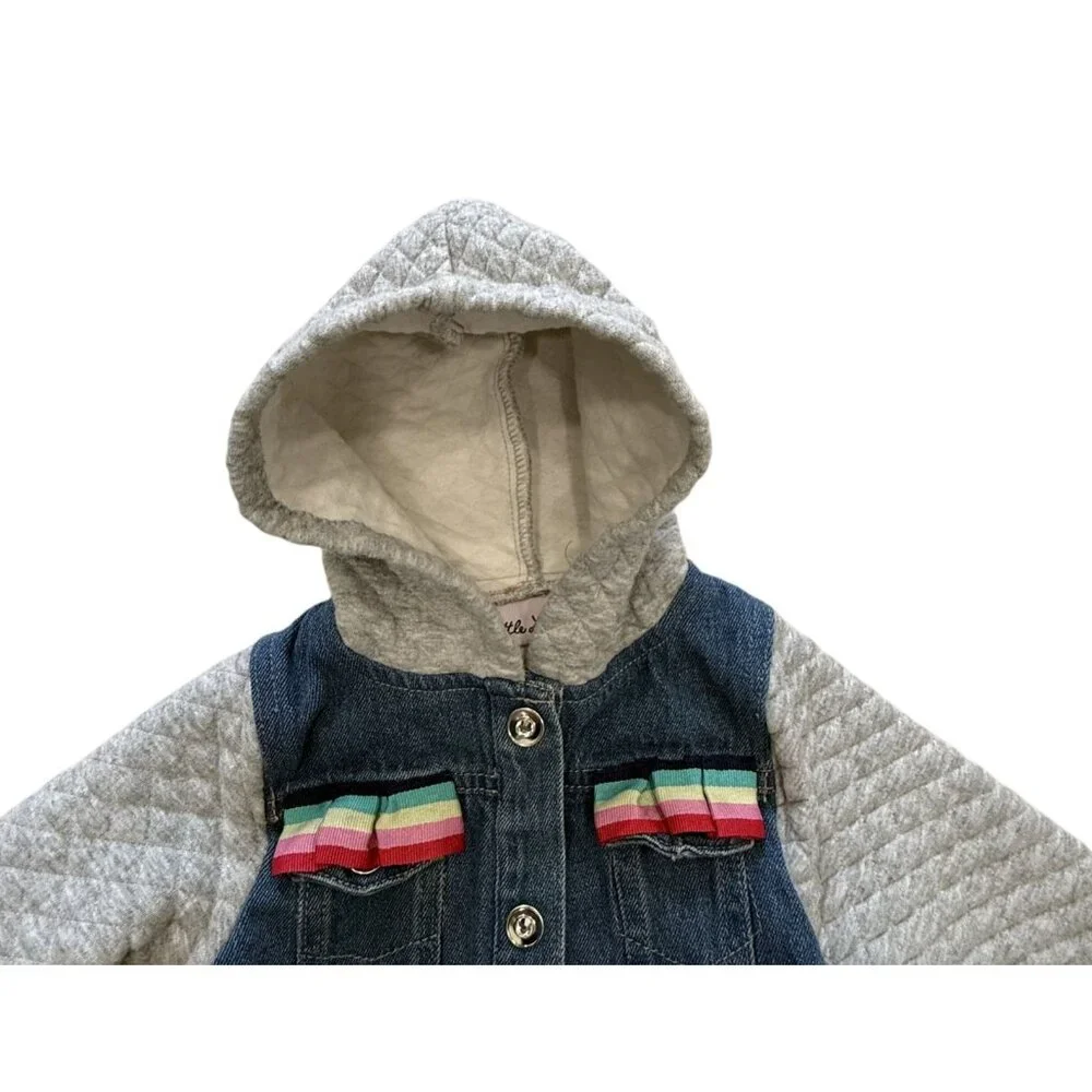 Little Lass Toddler Denim Jacket Quilted Sleeves Hood Rainbow Accents Size 24M - Picture 2 of 7